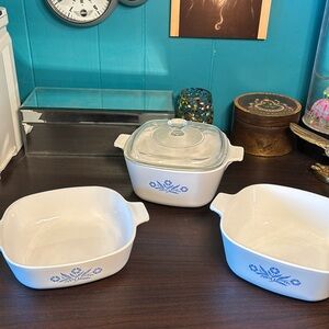 VINTAGE Corning Ware 3 Piece Blue CornFlower Skillet Bake Dish Casserole S